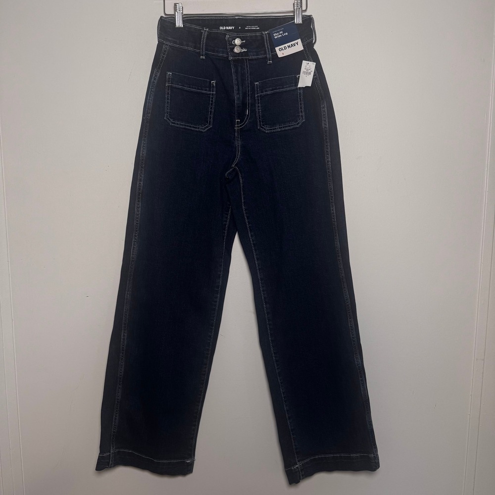 Old Navy Sky-Hi Wide Leg Jeans Womens 2 Dark Wash Extra High Rise Patch Pocket